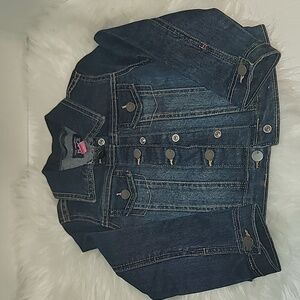 😍 Supercute Preloved Children's Place dark blue distressed denim jacket size 4T